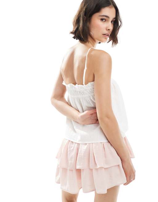 Pieces shirred floaty cami top in white, 4 of 4
