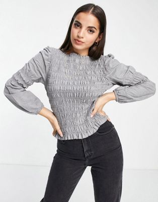 Pieces shirred high neck blouse in grey