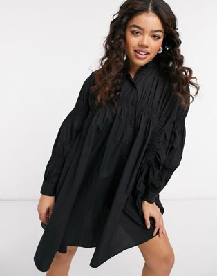 Pieces shirred smock shirt dress in black - ASOS Price Checker