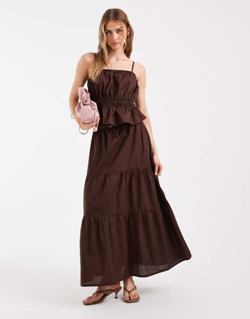 Pieces shirred waist cotton poplin cami top co-ord in coffee brown, 2 of 4