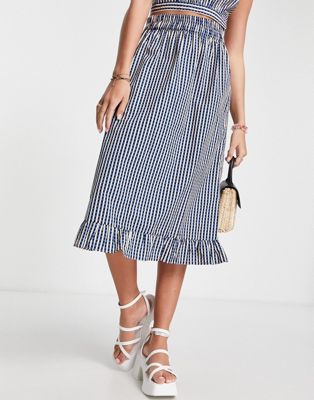 Pieces shirred waist frill hem midi skirt co-ord in navy & white check