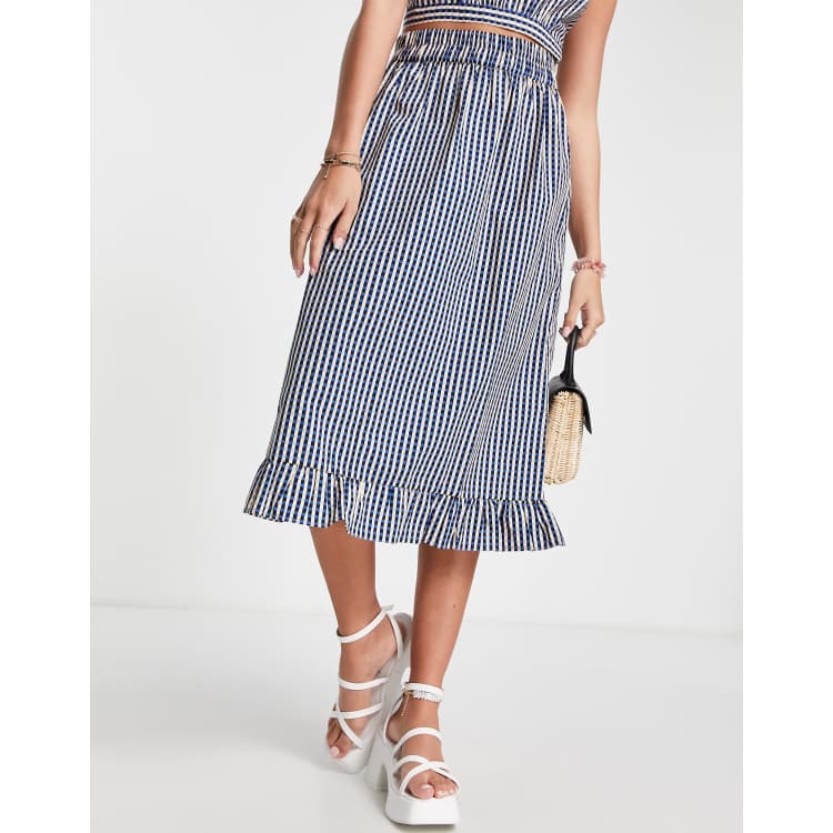 【OHESHIO】★CHECK FRILL MIDI SKIRT NAVY★25SS★人気★ Pieces shirred waist frill hem midi skirt co-ord in navy