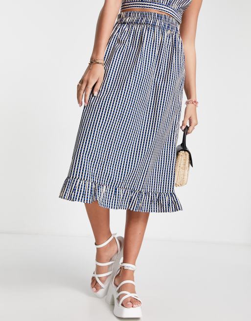 Pieces shirred waist ruffle hem midi skirt in navy & white check - part of a set