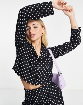 Pieces shirt co-ord in black & lilac spot