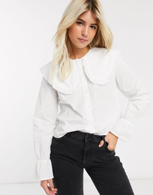 Pieces shirt with oversized collar and frill cuffs in white | ASOS