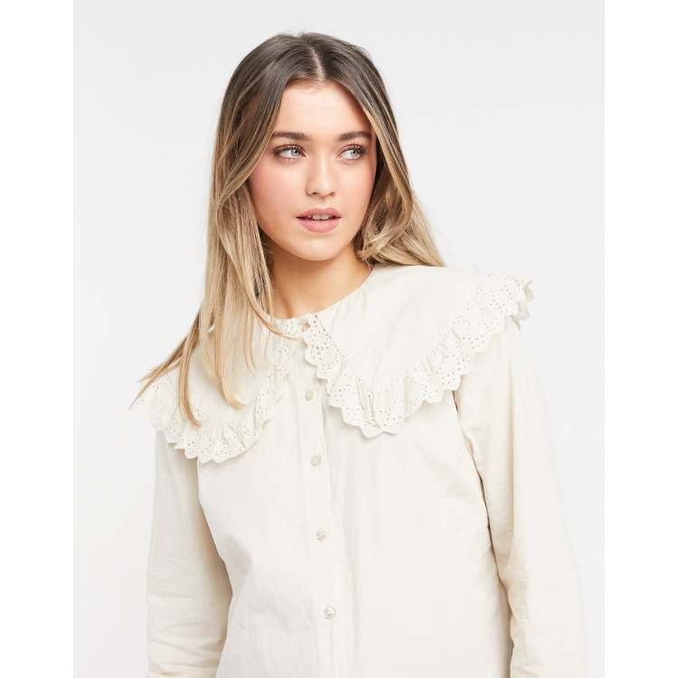 Pieces shirt with oversized frilly prairie collar in cream | ASOS