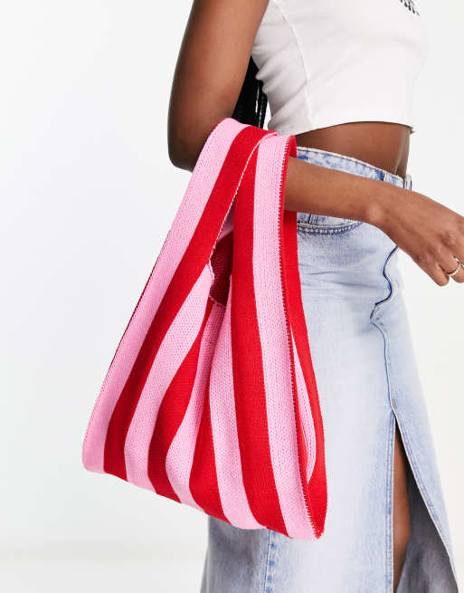 Pieces – Shopper aus Strickmaterial mit Streifen in Rosa und Rot