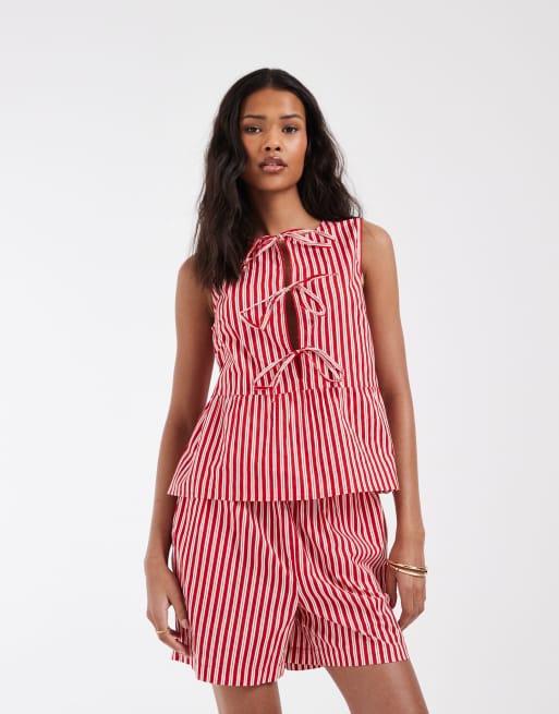 Pieces - Short d'ensemble à taille haute et rayures - Rouge/blanc, 2 de 5
