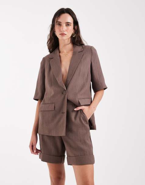 Pieces - Short d'ensemble long et ajusté en aspect lin - Marron chocolat - view 1