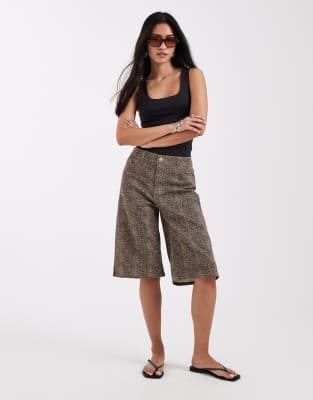 Short long en denim à imprimé léopard - Marron-Brown M