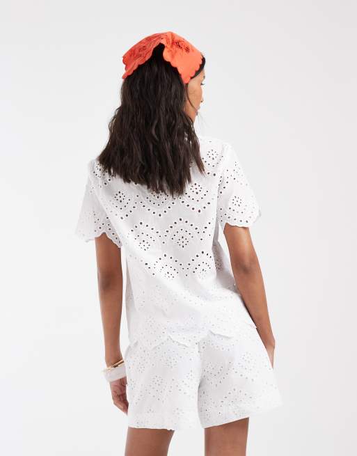 Pieces - Short met hoge taille en broderie in wit, deel van co-ord set, 5 van 5