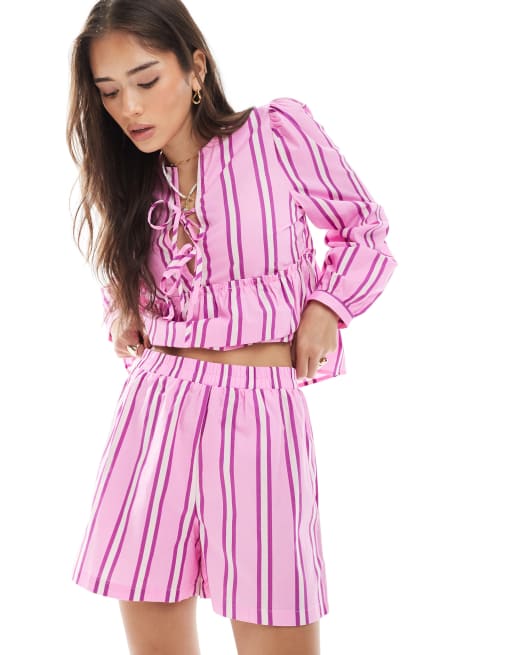 Pieces - Short met hoge taille in roze en paarse strepen, deel van co-ord set, 3 van 5