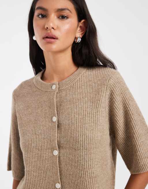 Pieces short sleeve boxy cardigan in beige, 3 of 4