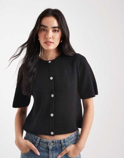 Pieces short sleeve boxy cardigan in black - view 1