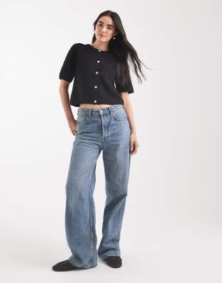 Pieces Short Sleeve Boxy Cardigan In Black