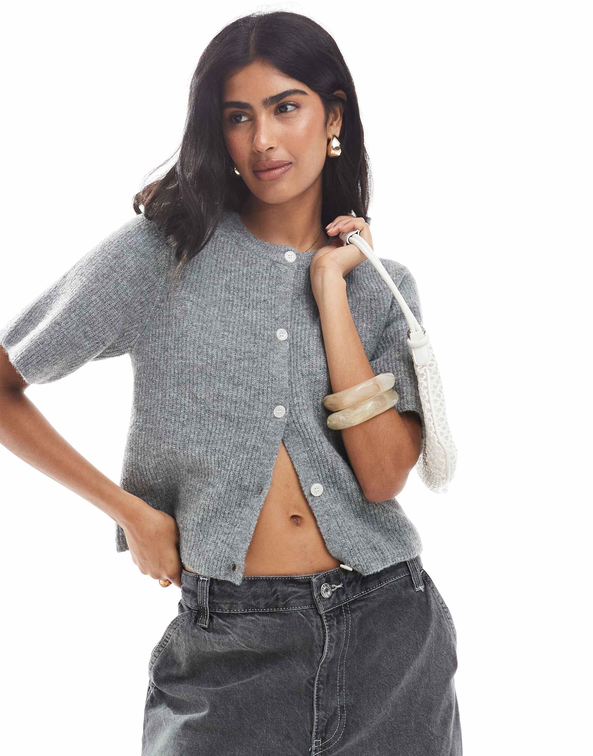 pieces short sleeve boxy cardigan in medium heather gray