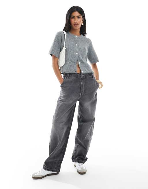 Pieces short sleeve boxy cardigan in medium heather gray
