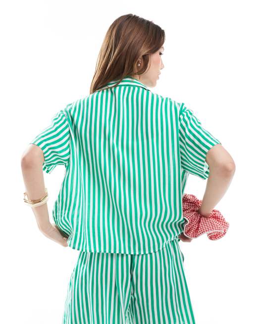 Pieces short sleeve boxy shirt in green and white stripes - part of a set, 3 of 4
