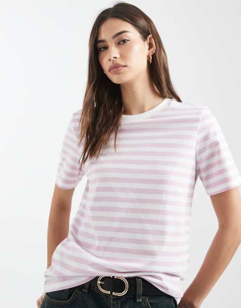 Pieces short sleeve boxy t-shirt in light pink and white stripes - view 1