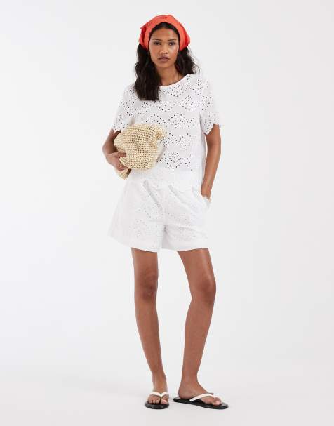 Pieces short sleeve broderie top co-ord in white - view 1