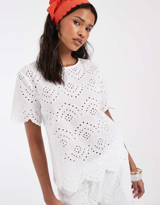Pieces short sleeve broderie top co-ord in white, 2 of 4