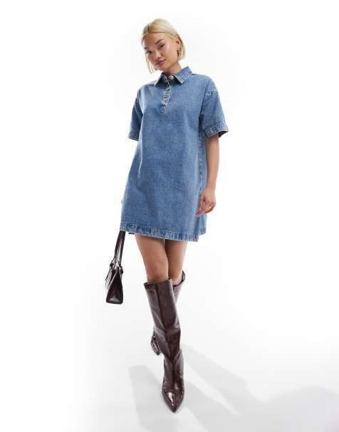 Pieces short sleeve button placket mini dress in medium blue denim - view 1