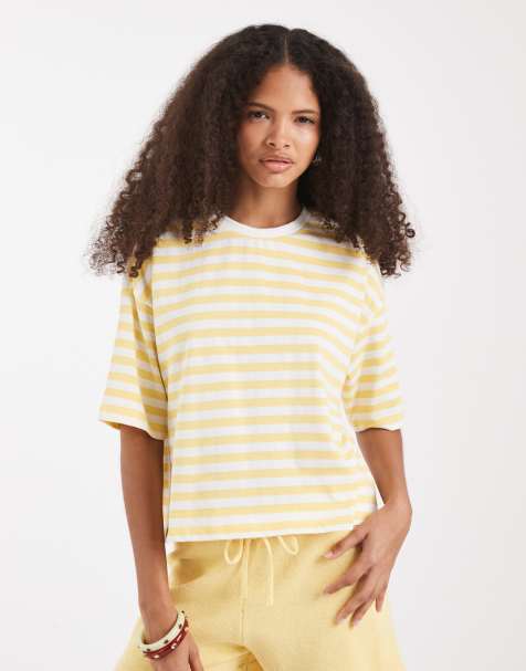 PIECES short sleeve heavyweight t-shirt in yellow and white stripes - view 1