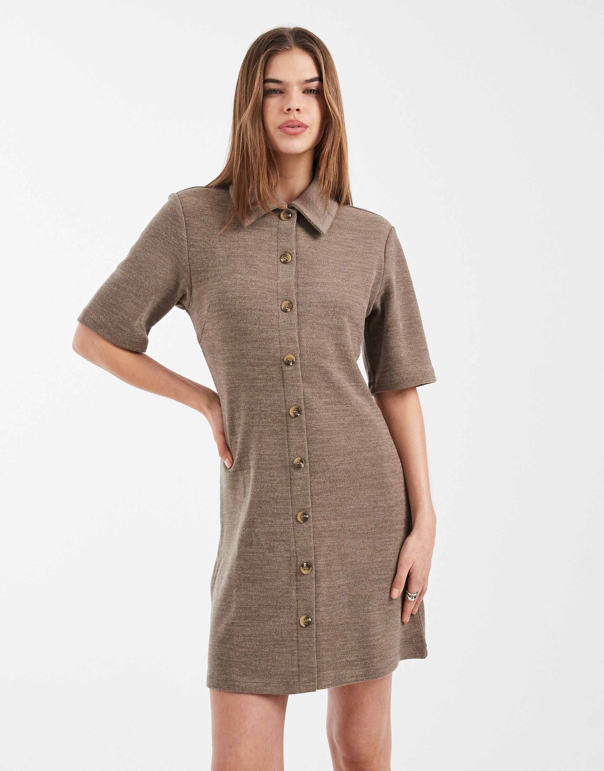 pieces short sleeve knit polo mini dress in dark beige