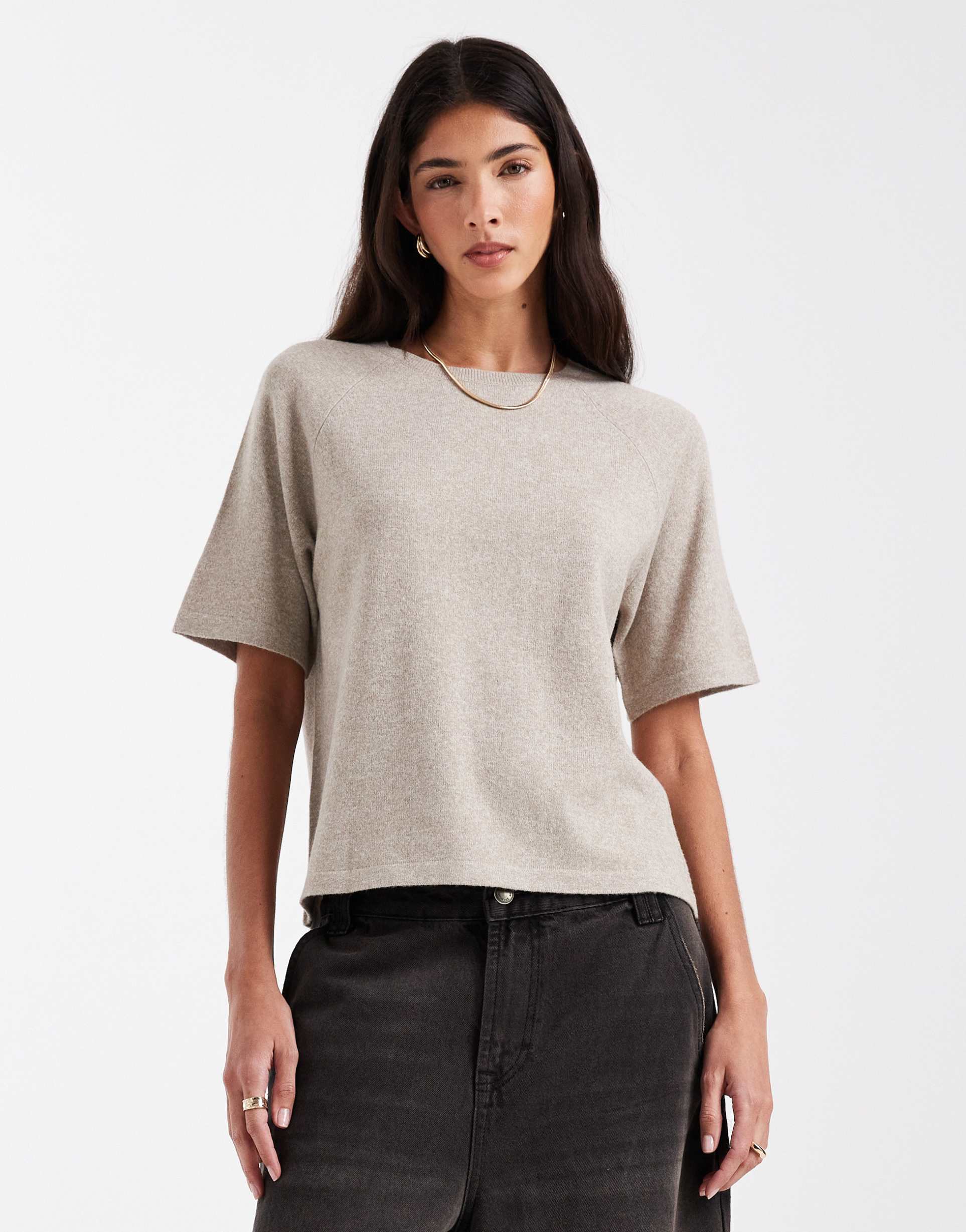 pieces short sleeve knit sweater in heathered beige