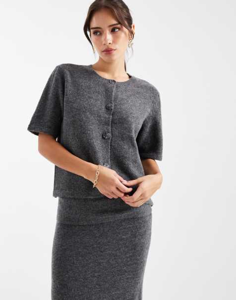 Pieces short sleeve knitted cardigan co-ord in medium grey melange - view 1