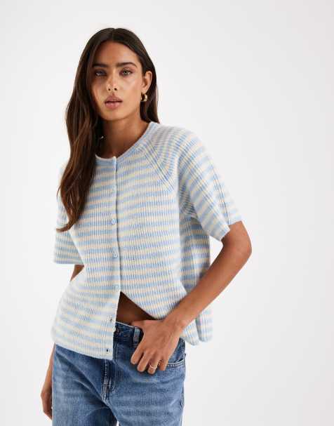 Pieces short sleeve knitted cardigan in beige stripe