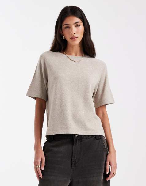Pieces short sleeve knitted jumper in beige melange - view 1