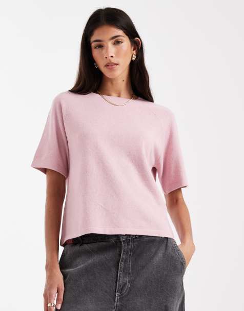 Pieces short sleeve knitted jumper in light pink melange