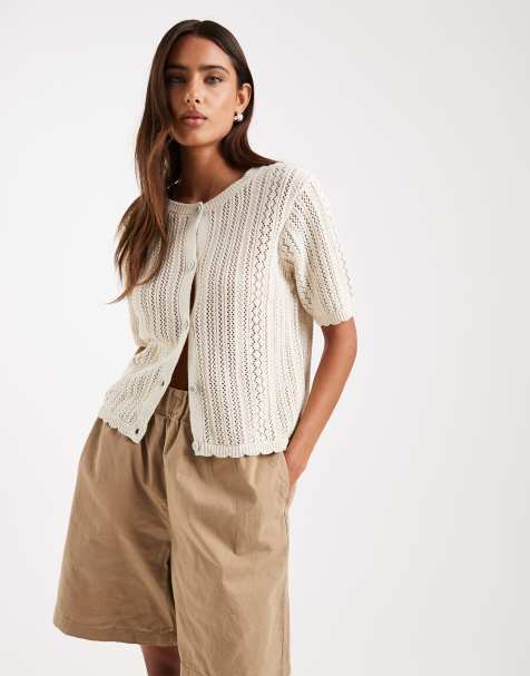 Pieces short sleeve pointelle knitted cardigan in birch cream - view 1