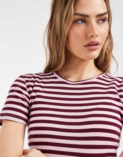 PIECES short sleeve ribbed T-shirt in pink and burgundy stripe, 3 of 4