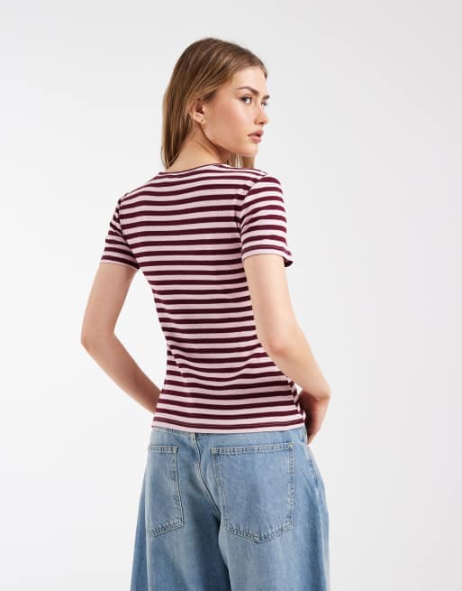 PIECES short sleeve ribbed T-shirt in pink and burgundy stripe, 4 of 4
