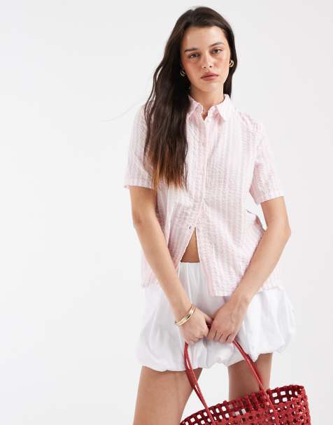 Pieces short sleeve shirt in roseate pink and white - view 1
