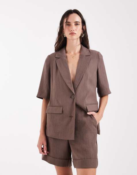 PIECES short sleeve tailored linen-look blazer in chocolate brown - part of a set - view 1