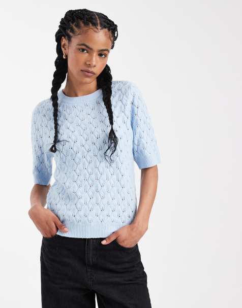 Pieces short sleeve textured knit jumper in blue melange - view 1