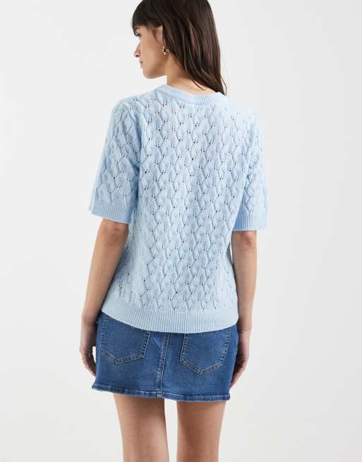 Pieces short sleeve textured knit jumper in blue melange, 4 of 4