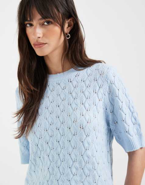 Pieces short sleeve textured knit sweater in heathered blue - view 1