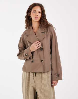 Pieces Short Trench Coat In Brown