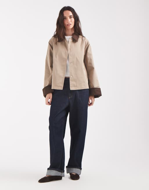 Pieces short trench coat with cord collar detail in beige, 2 of 4