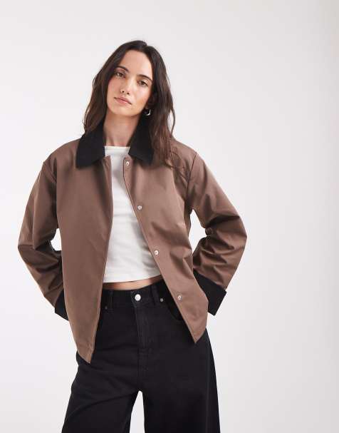 Pieces short trench coat with cord collar detail in brown - view 1