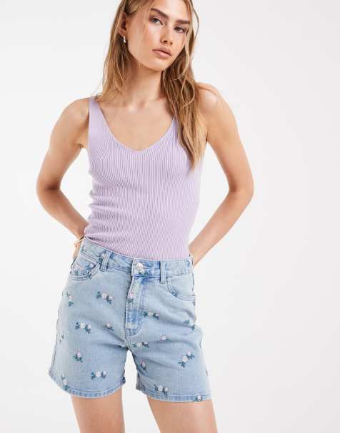 Pieces shorts di jeans ricamati a fiori azzurri - view 1