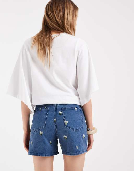 Pieces shorts di jeans ricamati floreali blu medio, 5 di 5