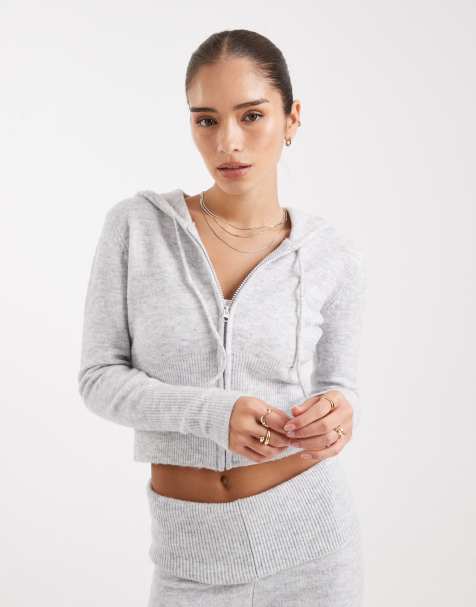 Pieces shrunken knit hoodie in light heather gray - part of a set - view 1