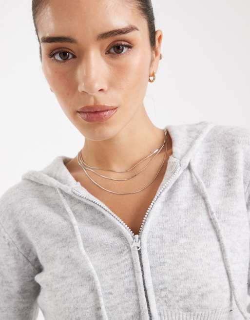 PIECES shrunken knitted hoodie in light grey melange (Part of a set), 3 of 4