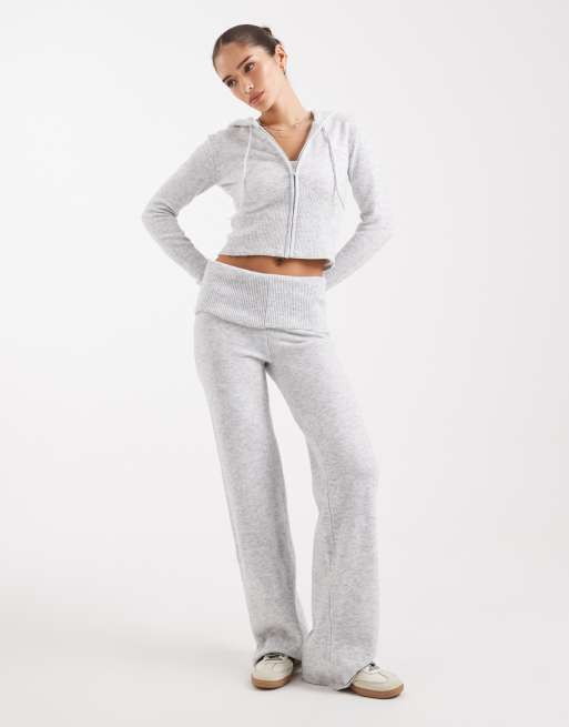 PIECES shrunken knitted hoodie in light grey melange (Part of a set), 4 of 4