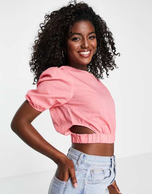 Pieces side cutout puff sleeve blouse in pink, 4 of 4